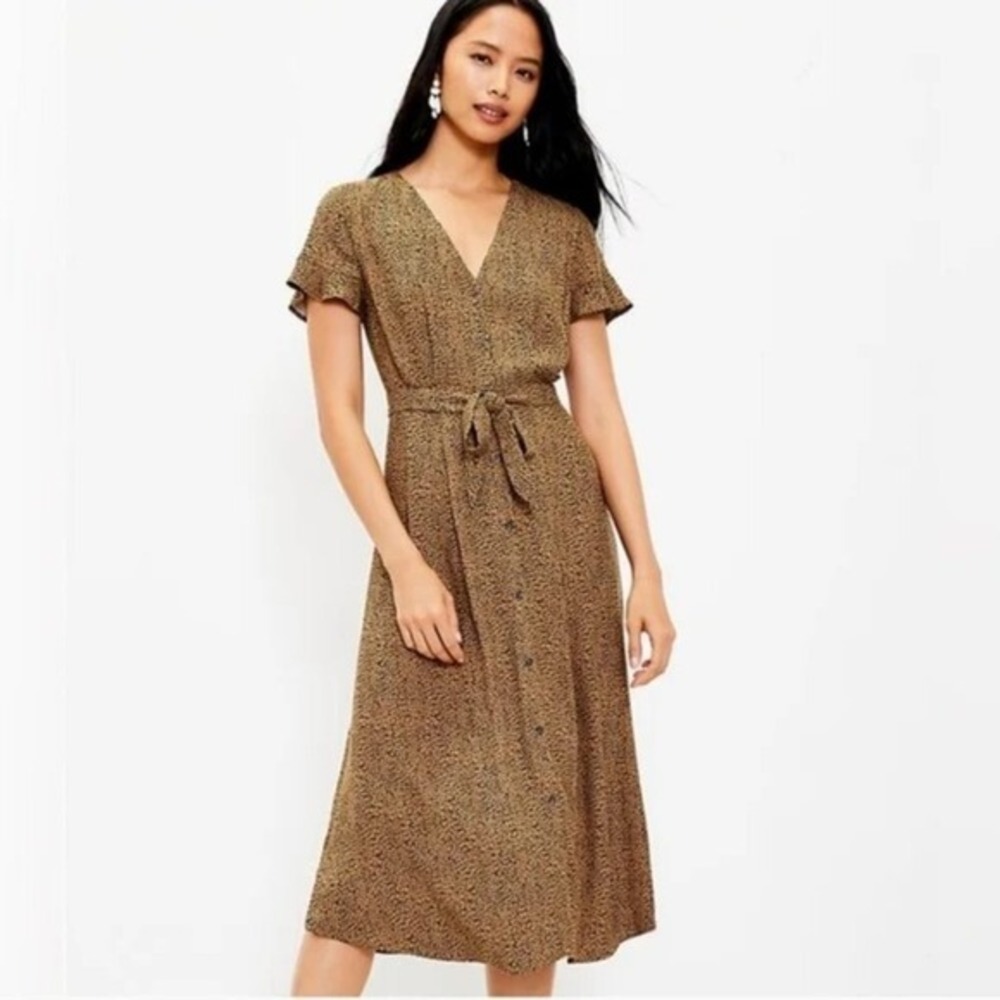 LOFT Button Front Midi Dress 0P Tan Leopard Print Flutter Sleeve Petite NWT